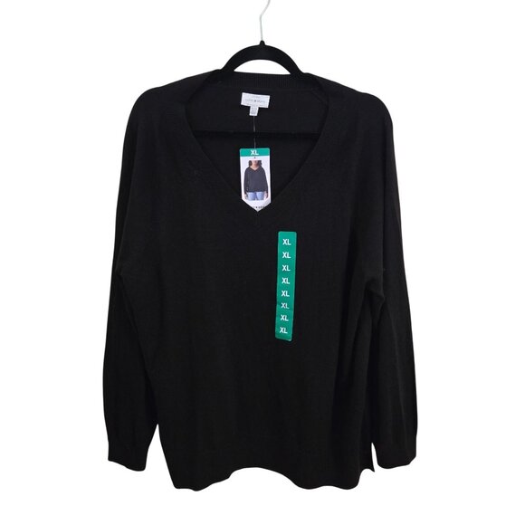 Lucky Brand NWT Cotton Blend V Neck Jet Black Sweater Capsule Wardrobe Size XL - Picture 2 of 10